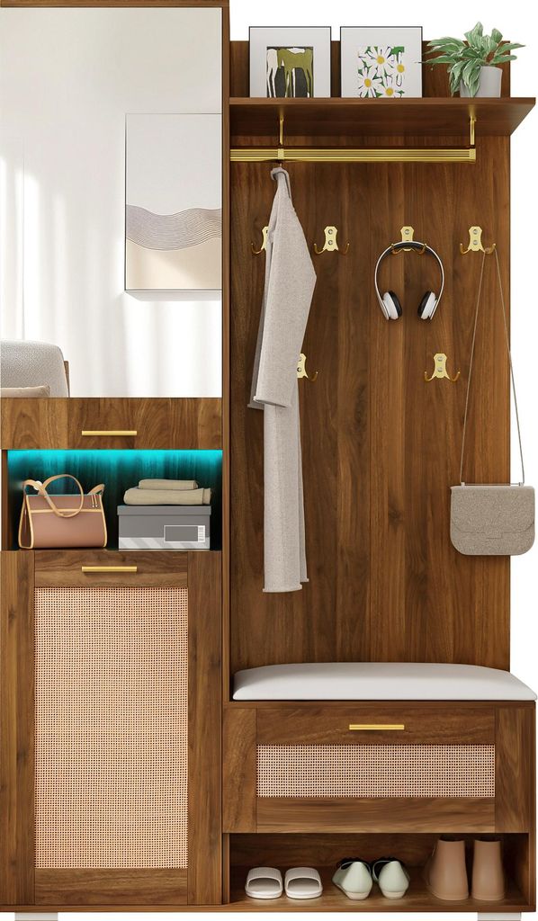 Garderoben-Set Flurschrank mit Kleiderschrank und Spiegel, moderne Lounge Sitzgruppe mit Schuhschrank, Sitzbank und 6 goldenen Haken, 16-Farben-LED