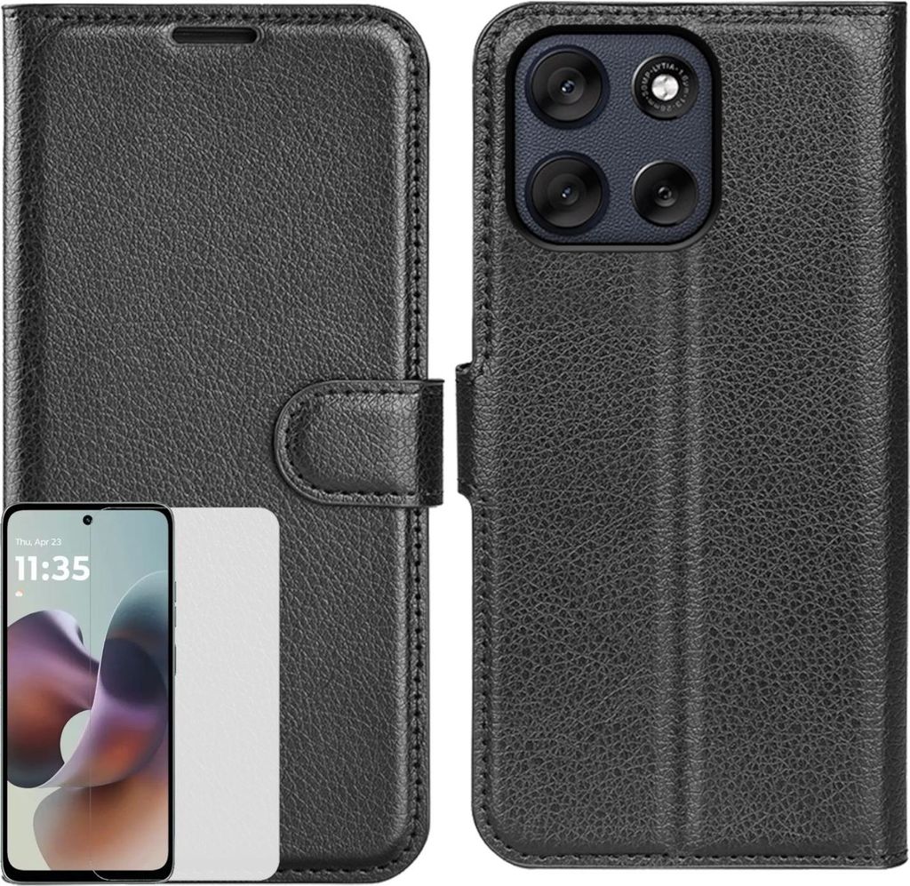 Für Motorola Moto G56 5G Kunstleder Book Wallet Handy Tasche Schwarz + 9H Hart Glas