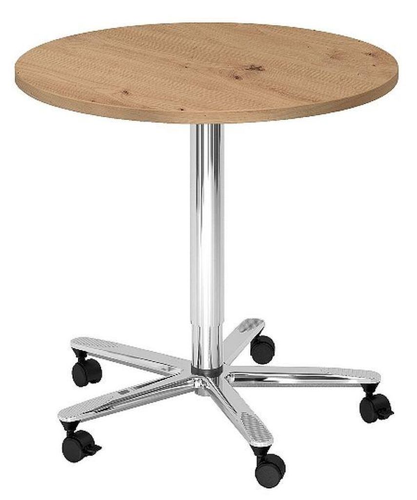 Beistelltisch Säulenhubtisch Besprechungstisch chrom 80 cm Durchmesser R = Asteiche-mit Rollen