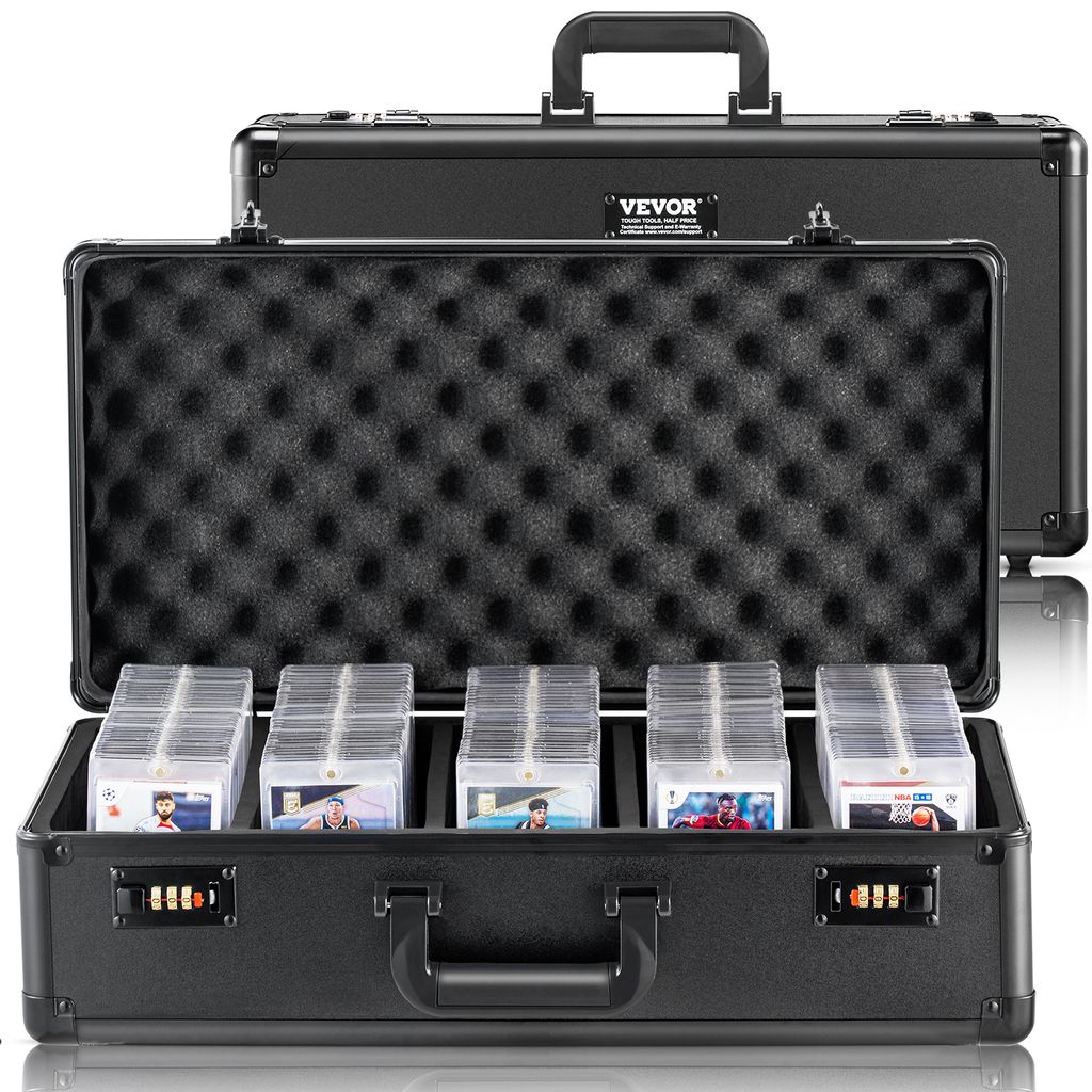 A black VEVOR storage case for trading cards is shown open, revealing its foam-lined interior and five clear plastic cases filled with cards. The case has a combination lock and a handle.