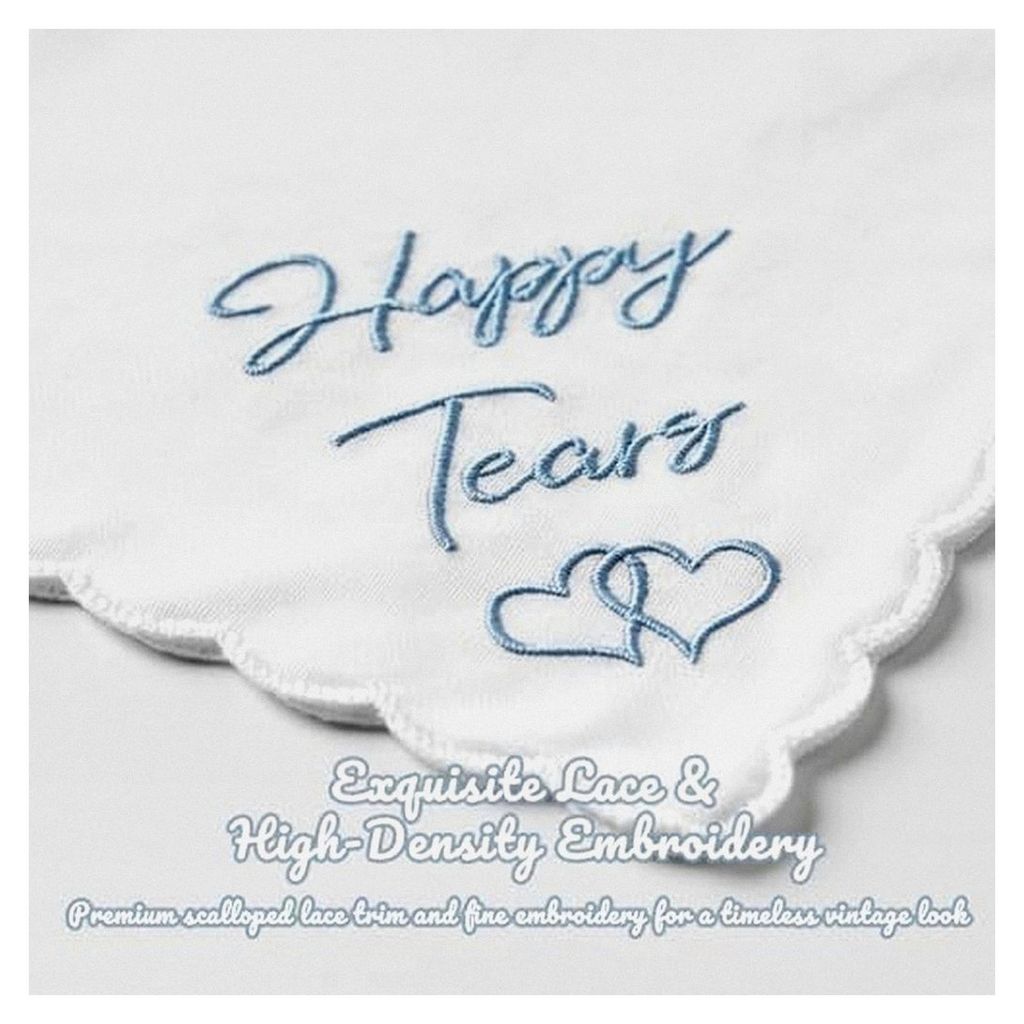 Hochzeitstaschentuch, besticktes Spitzen-Taschentuch mit "Happy Tears"-Zitat, etwas Blau für die Braut, Vintage-Stil, Brautschmuck, 30 x 30 cm, Ba...