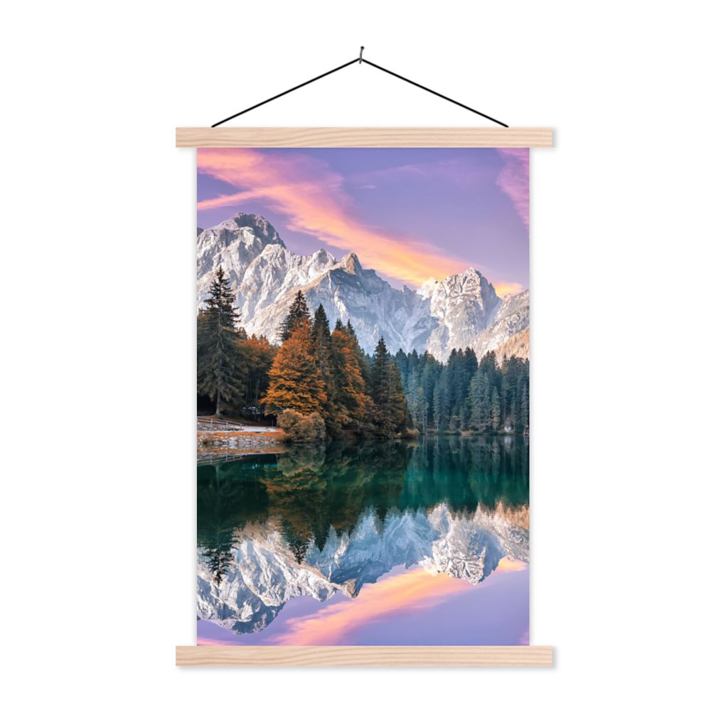 MuchoWow Textilposter Berg - Wald - Wasser - Himmel - Rosa - Lila 60x90 cm mit holzfarbenen Rahmen - Textil
