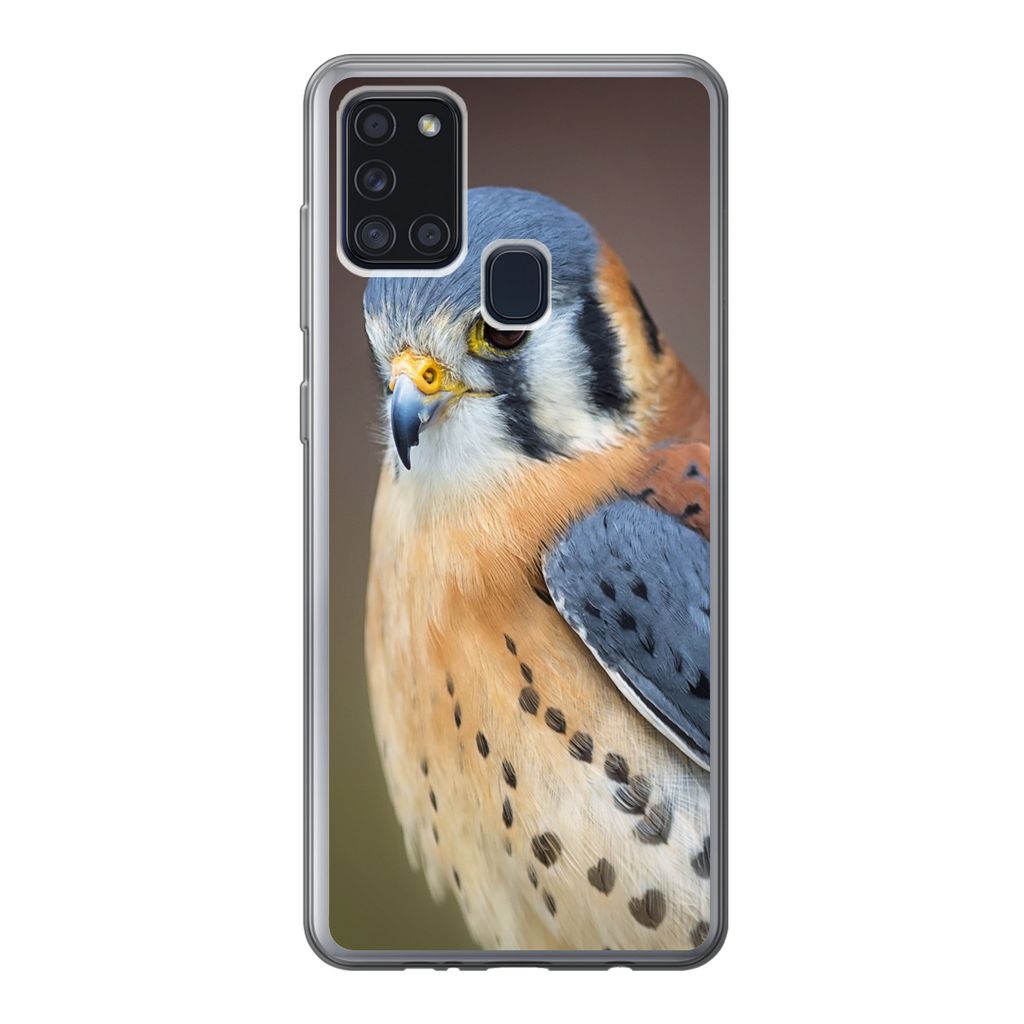 MuchoWow Handyhülle Schutzhülle Hülle für Samsung Galaxy A21s Vogel - Makro - Blau Silikon Softcase Handy Hülle - Hartschale