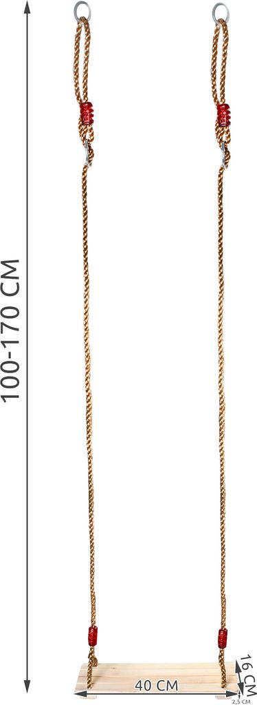 A wooden swing with rope hangers against a white background.