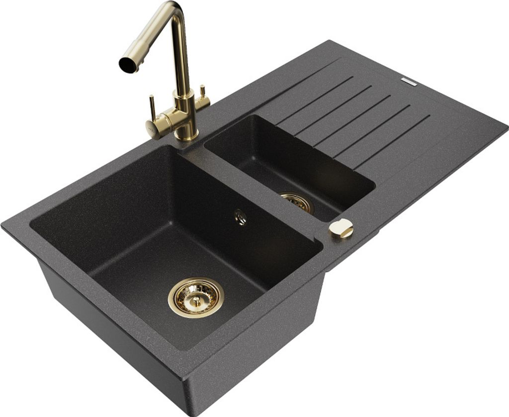 Mexen Matias 1,5-Becken-Granitspüle mit Abtropffläche und Mischbatterie Duero, Schwarz gesprenkelt - 6502-76-671600-50