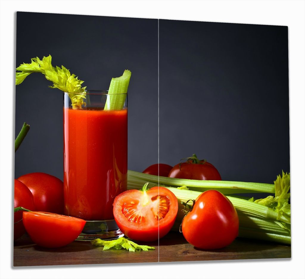 Wallario Herdabdeckplatte aus Glas, Größe 60 x 52 cm 2-teilig, Motiv Frischer Tomatensaft mit Sellerie