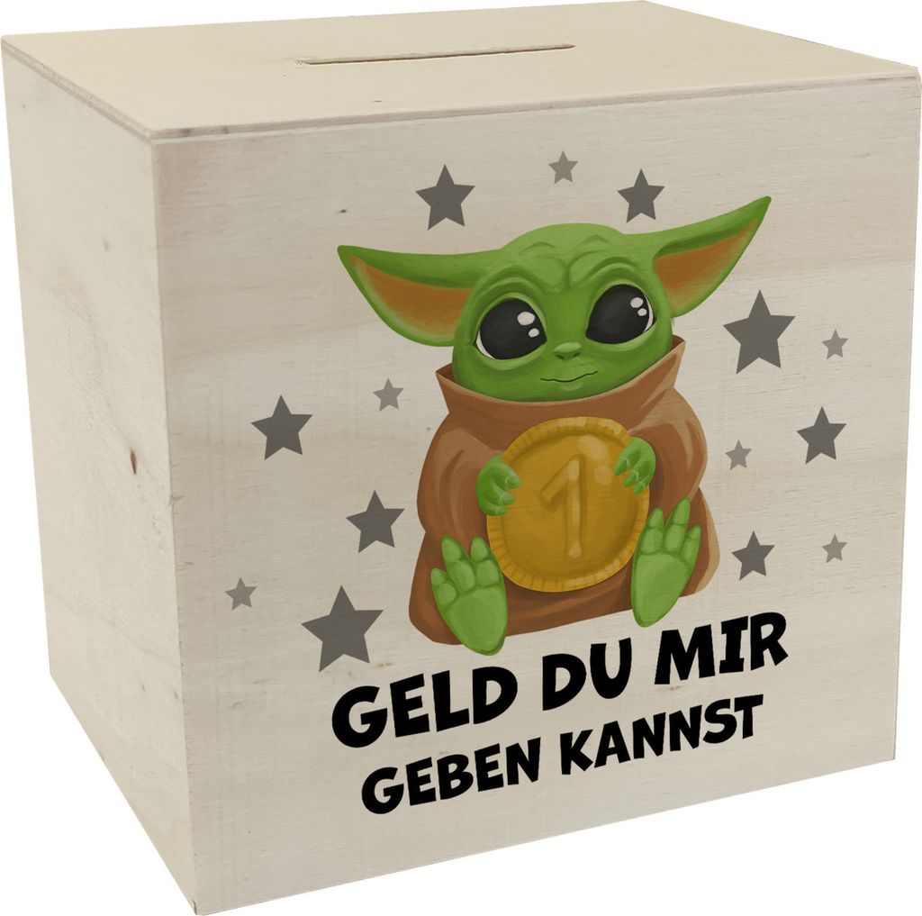 Baby-Alien Spardose aus Holz mit Spruch Geld du mir geben kannst
