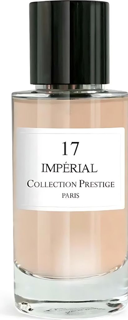 A perfume bottle with a white label and black cap, presented on a white background.