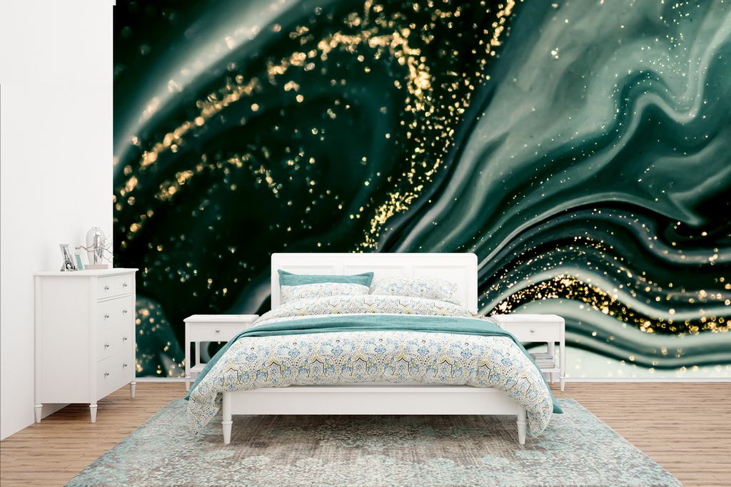 MuchoWow Fototapete für Wohnzimmer oder Schlafzimmer Wandtapete Vinyl Motivtapete Marmoroptik - Gold - Grün - Glitter - Design - Marmor - 400x2...