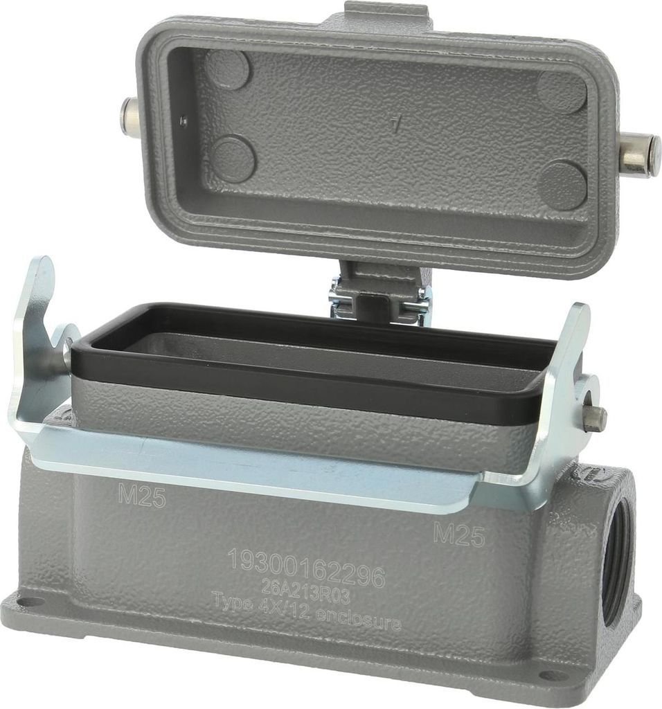 HARTING Han 16B Sockelgehäuse niedrig, 2xPG21 seitlicher Kabelabgang, mit 1 Längsbügel mit Schutzkappe Metall - 1 Stück