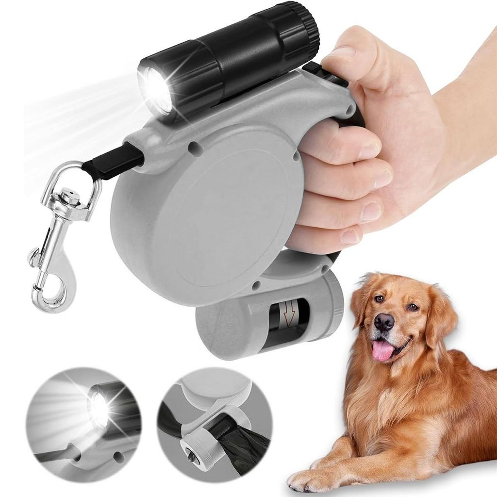 Hundeleine, 5m Einziehbare Hundeleine, 360°-Verdrehschutz, mit LED Licht und Müllbox,für meisten Hunde,Grau