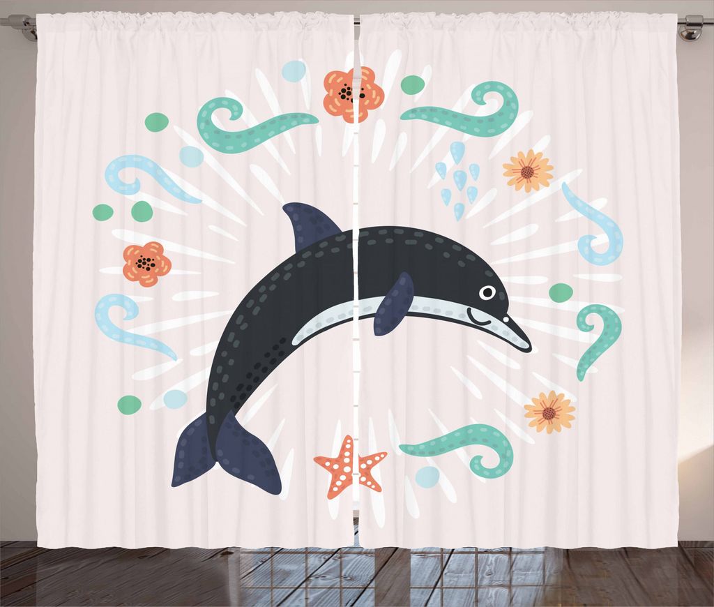ABAKUHAUS Delphin Rustikaler Vorhang, Nautical Ozean Tierlinie, Wohnzimmer Universalband Gardinen mit Schlaufen und Haken, 280 x 225 cm, Mehrfarbig