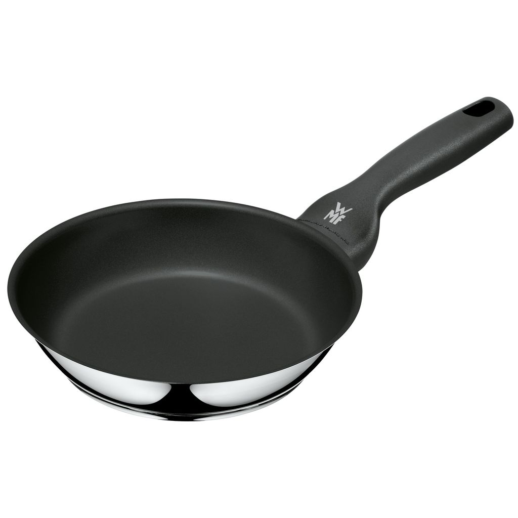 A black frying pan with a silver bottom and a black handle is shown against a white background.