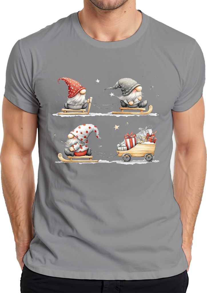 Weihnachtswichtel Schlitten Geschenke Sterne Schnee Niedlich Herren T-Shirt, Grau, L