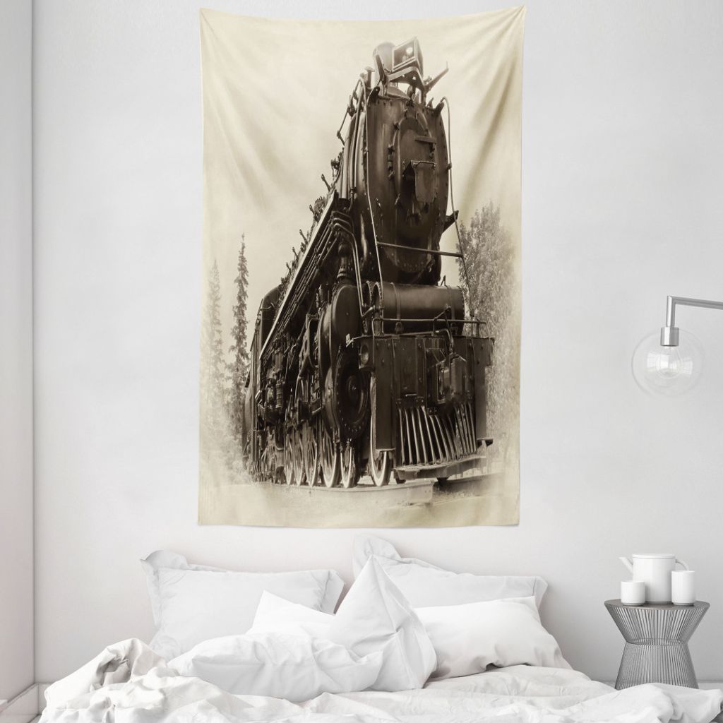 ABAKUHAUS Dampfmaschine Wandteppich und Tagesdecke, Antik Zug Kunst aus Weiches Mikrofaser Stoff Waschbar ohne Verblassen Digitaldruck, 140 x 230 c...