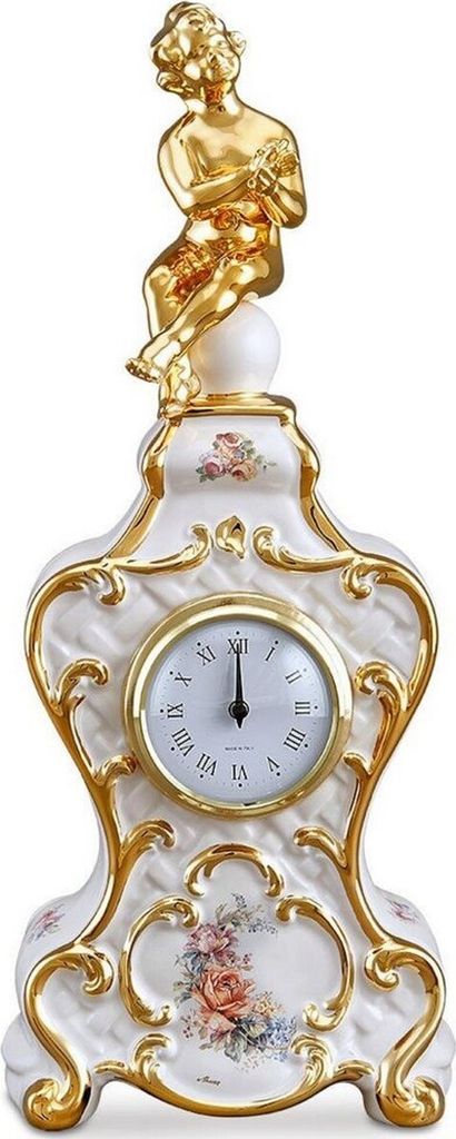 Casa Padrino Barock Tischuhr Weiß / Gold / Mehrfarbig 17 x 12 x H. 40 cm - Barock Deko Accessoires