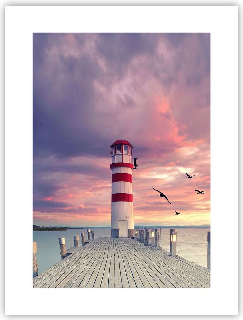 Poster - Poster ohne Rahmen - Laterne Meer Küste - 30x40 cm - Wand Bild - Wanddeko - Wandbilder - Kunstposter - Wandposter - Bilder - Kunstdruck -...
