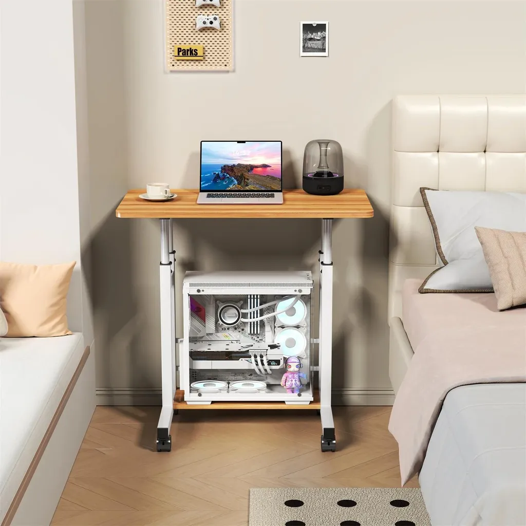 Petit bureau informatique mobile sur roulettes - Plateau bois et métal
