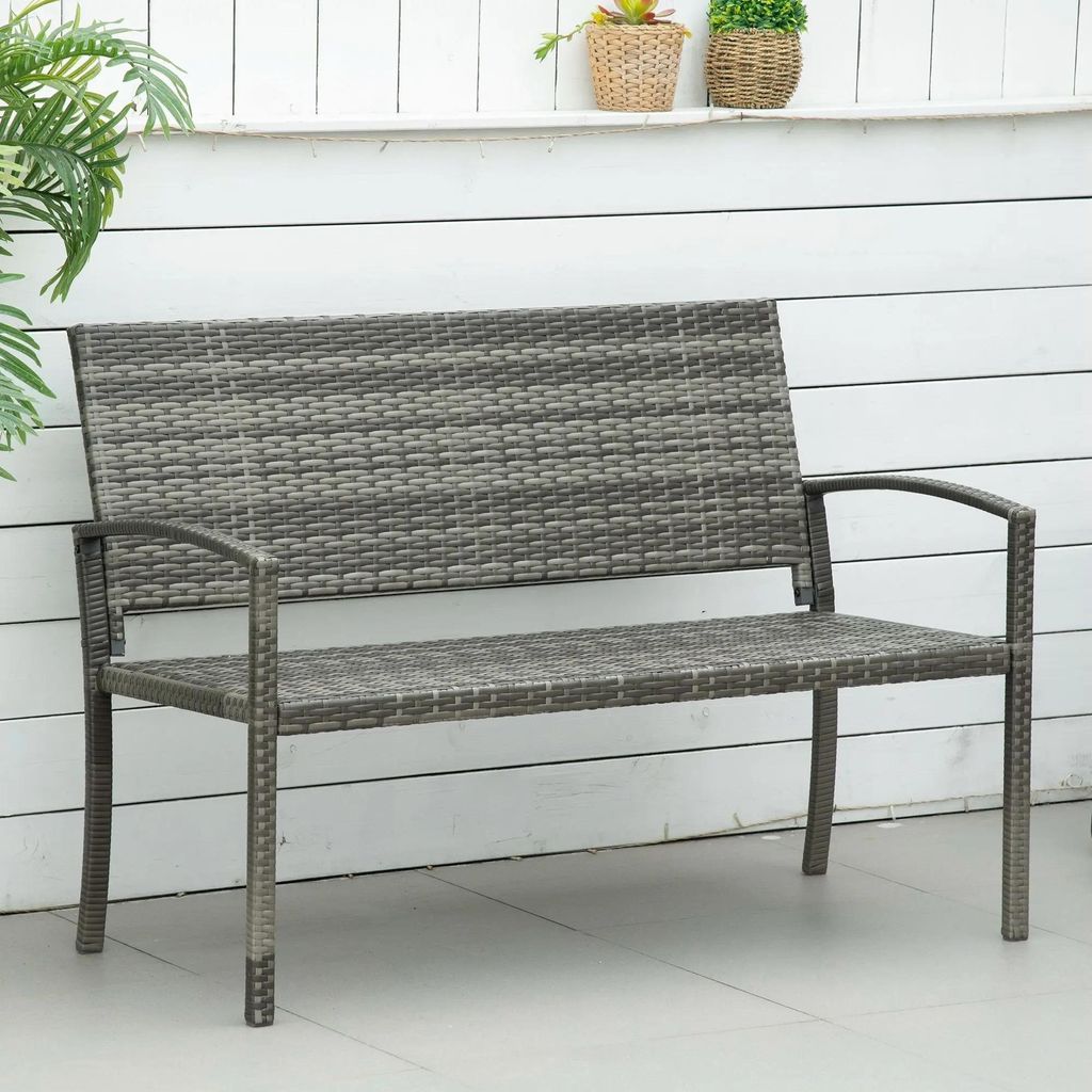 Gartenbank - Outdoor Bank - Polyrattan Geflecht - Stahlrahmen - Einseitiges Design - Mit Armlehnen - 122×60×85 cm - Dunkelgrau