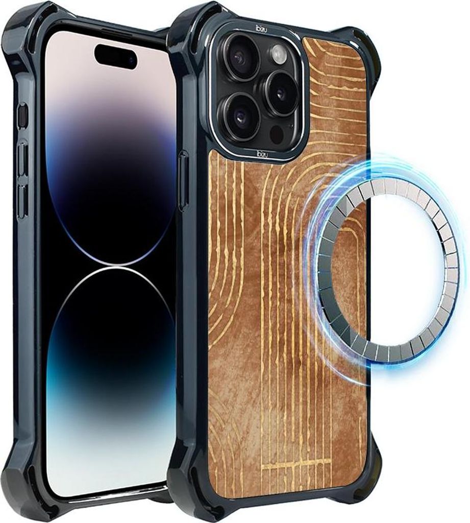 Schutzhülle für das iPhone 14 Pro, MagSafe-kompatibel, verstärkte Ecken, schwarz, braune, goldene Streifen