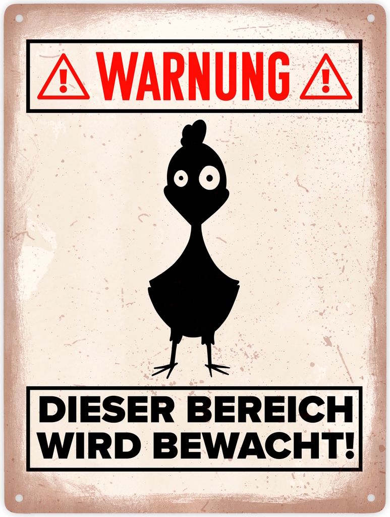 Warnung Bereich wird bewacht Metallschild XXL in 28x38 cm mit Huhn Silhouette