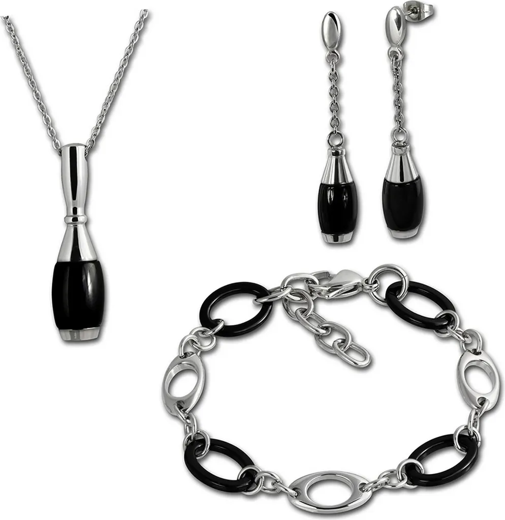 Bijoux soirée femme ensemble collier boucles argenté noir brillant