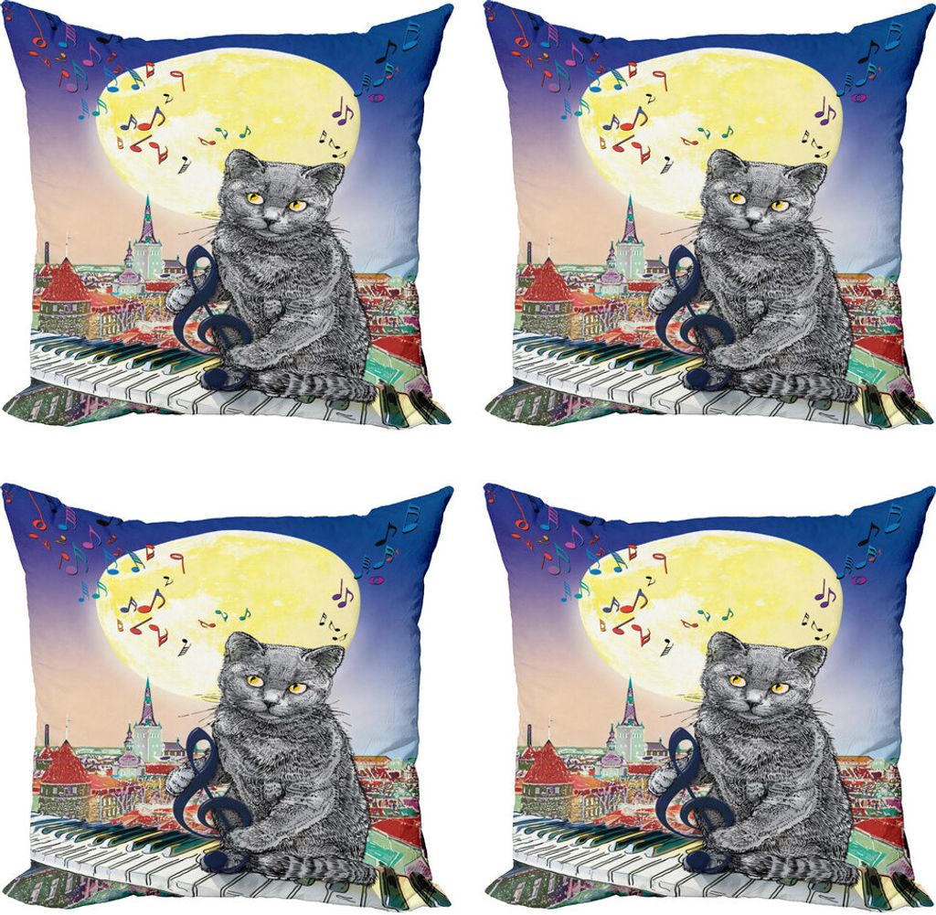ABAKUHAUS Stadt Kissenbezug Set (4 Stück), Musikalische Anmerkungen Katze, Moderner Doppelseitiger Digitaldruck, 40 cm x 40 cm, Mehrfarbig