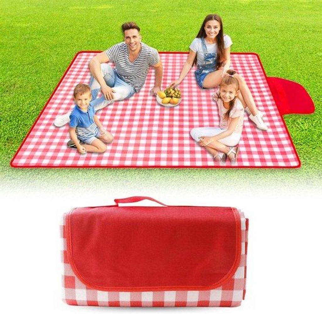 Famanu Picknickdecke wasserfest - rot-weiß kariert - faltbar mit Traggriff