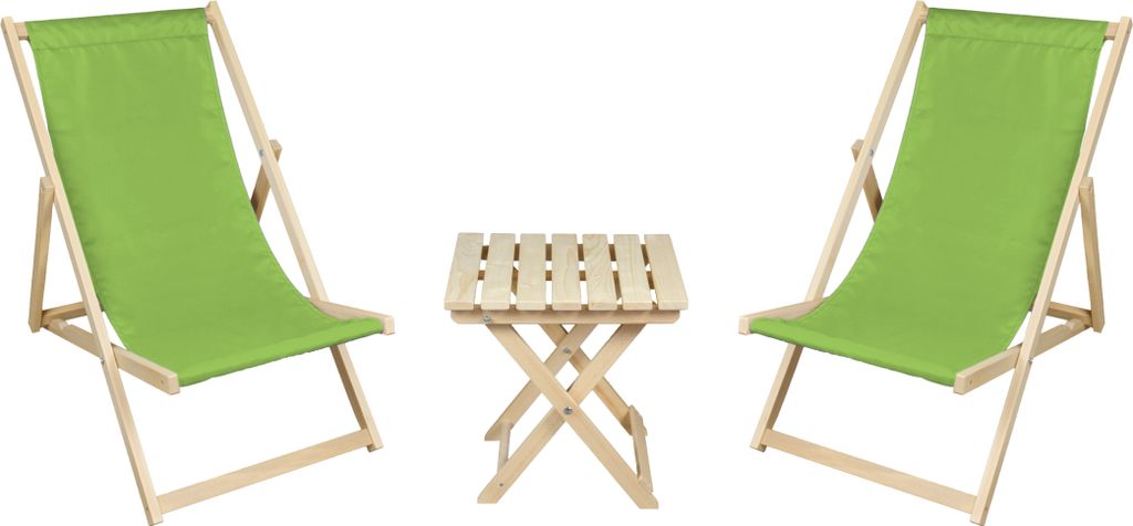 2 x Liegestuhl + Beistelltisch Strandliege Holz Sonnenliege Gartenliege Gartentisch Grün