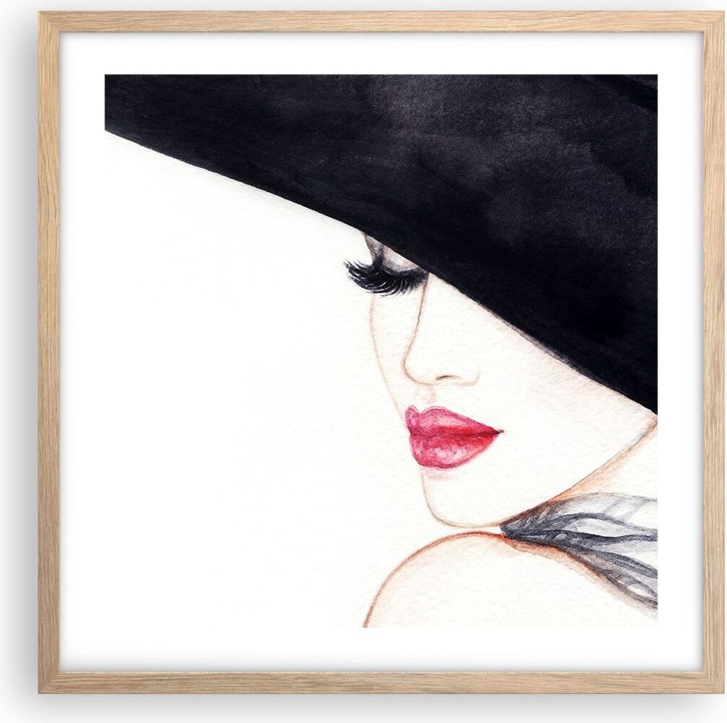 Gerahmtes Poster - Rahmen in heller Eiche - Frau Lippen Hut Eleganz - 50x50 cm - Wand Bild - Wanddeko - Wandbilder - Wandposter - Bilderrahmen - Bi...
