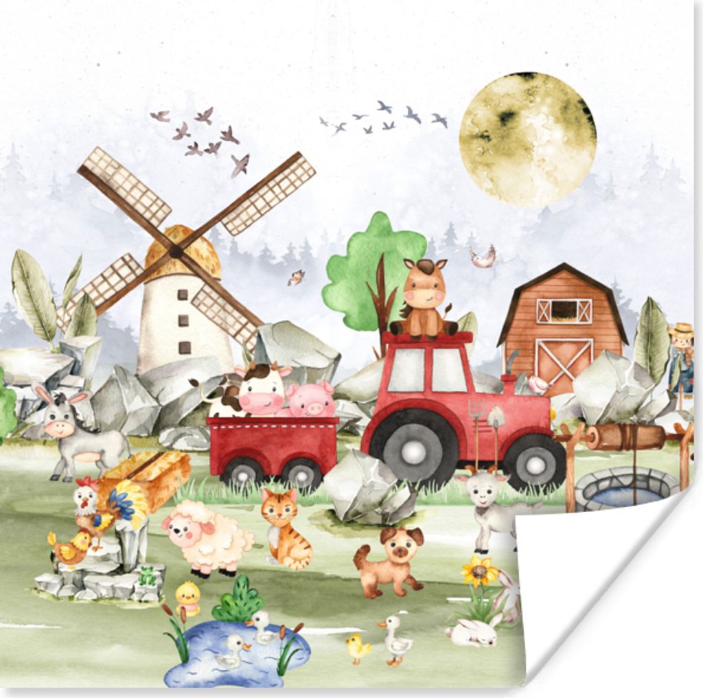 MuchoWow Poster Bauernhof - Traktor - Kinder - Tiere 50x50 cm - Wohnzimmerdekoration