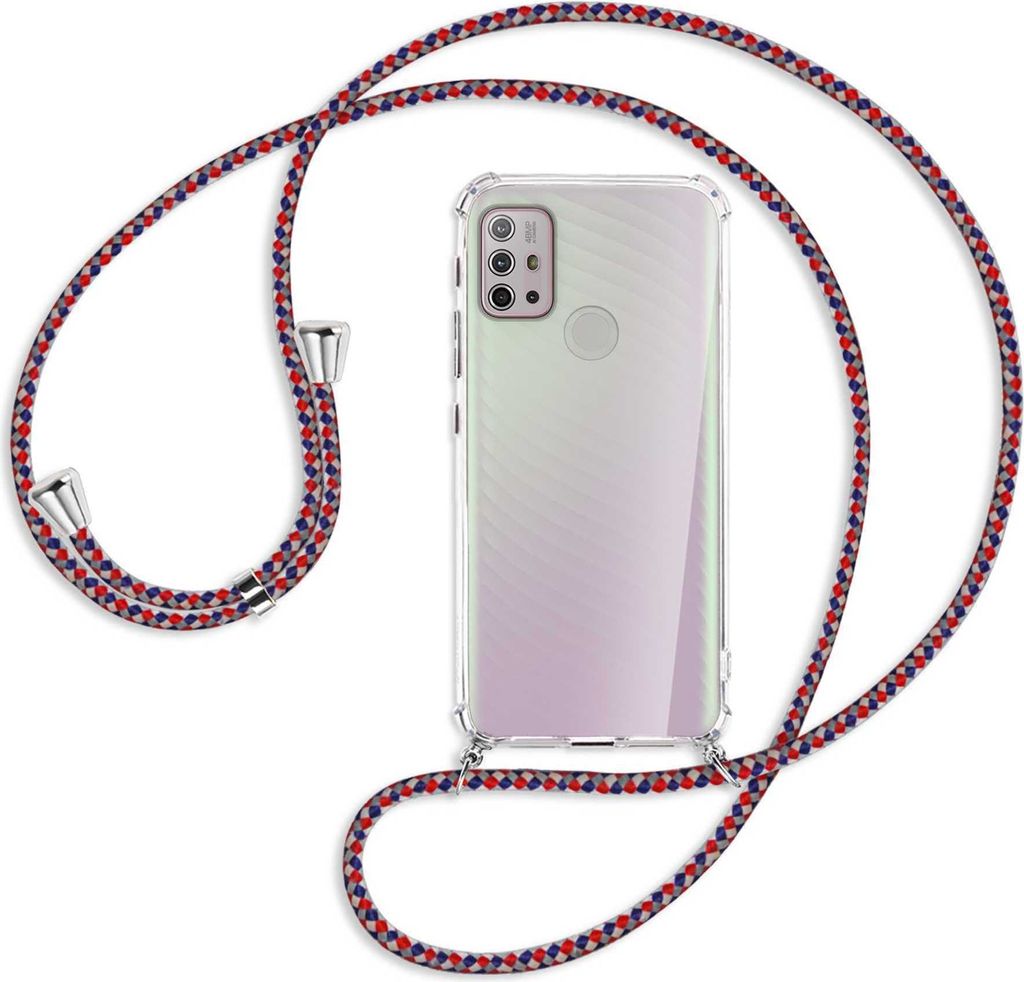 Handykette Backcover-Schutzhülle mit Band (Metall silberfarben) für Motorola Moto G10 (Power), G20, G30 - silber/blau/rot