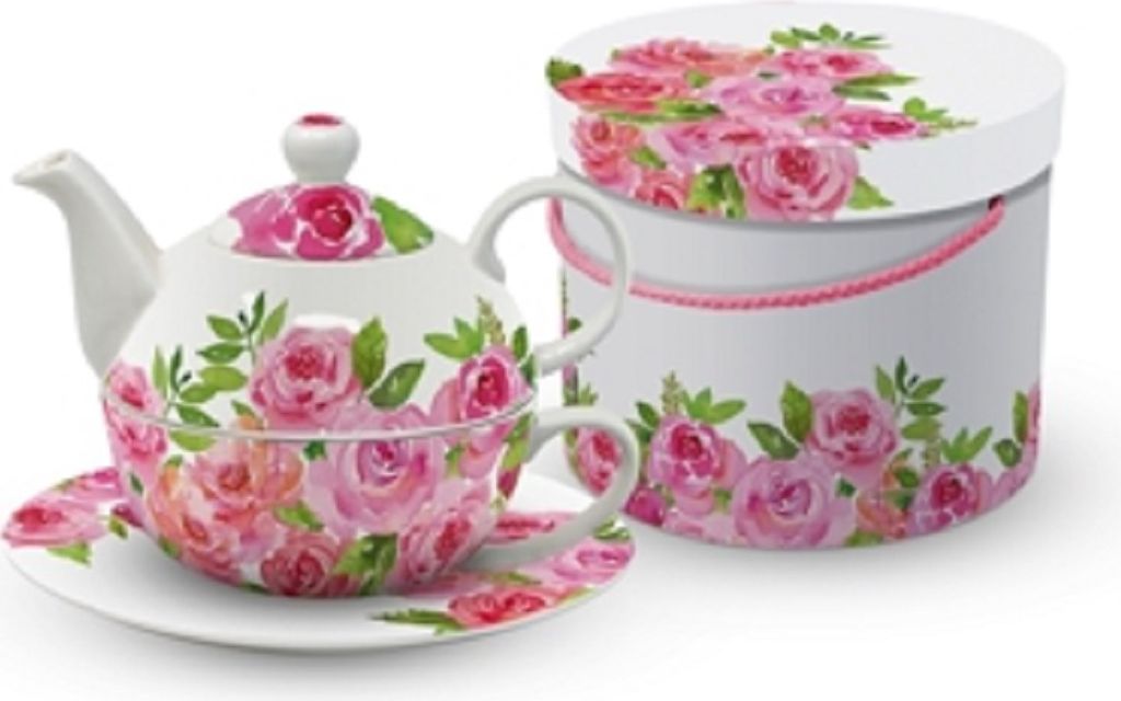 Tea for One Set in Geschenkbox, Rosen, Teekanne + Teetasse, Kännchen, Blumen