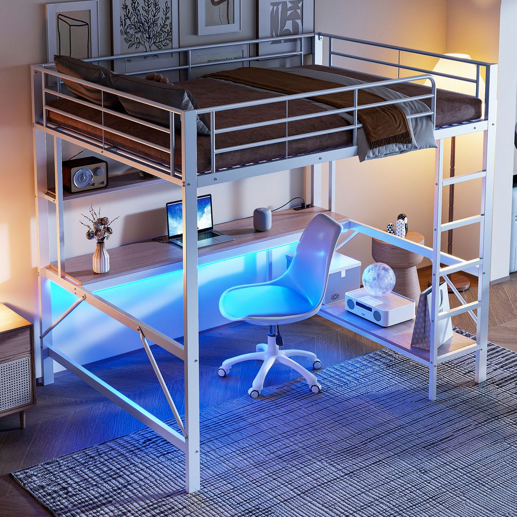 okwish Hochbett(140 x 200cm)Jugendbett,Einzelbett mit LED-Leuchten&Schreibtisch, Mit USB- und Stromanschluss,ohne Matratze, Weiß