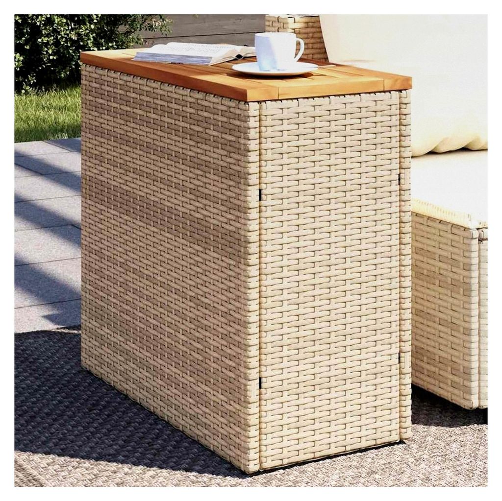 Garten-Beistelltisch mit Holzplatte Beige 58x27,5x55 cm aus Poly Rattan