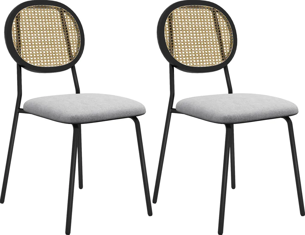 Chaise de cuisine style bohème avec dossier rotin et assise grise lot de 2