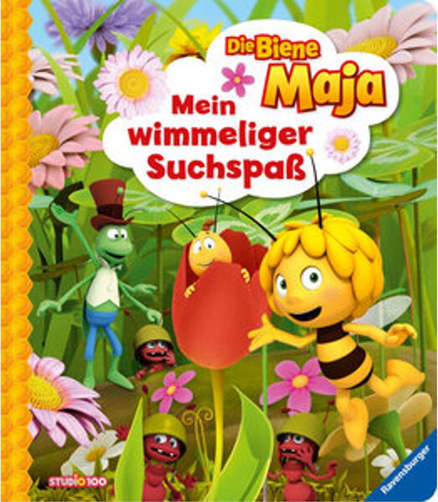 A colorful illustration of characters from 'Die Biene Maja' surrounded by flowers and plants.