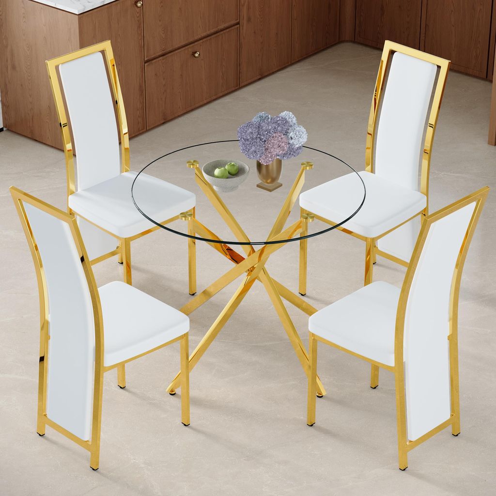 Sitzgruppe 5-teilig Esstisch Ø 88cm Rund mit 4 Stühlen weiß goldener - Essgruppe aus 8mm Sicherheitsglas & Metallgestell - Modernes Küchentisch...