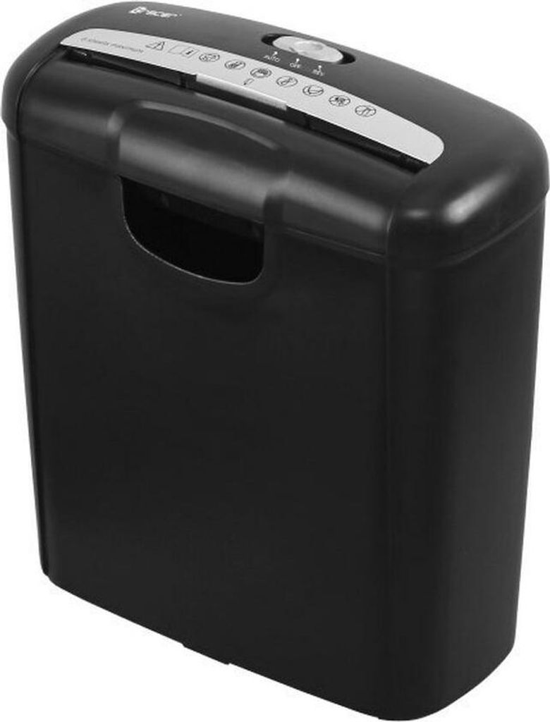 A black paper shredder with a silver control panel on a white background.