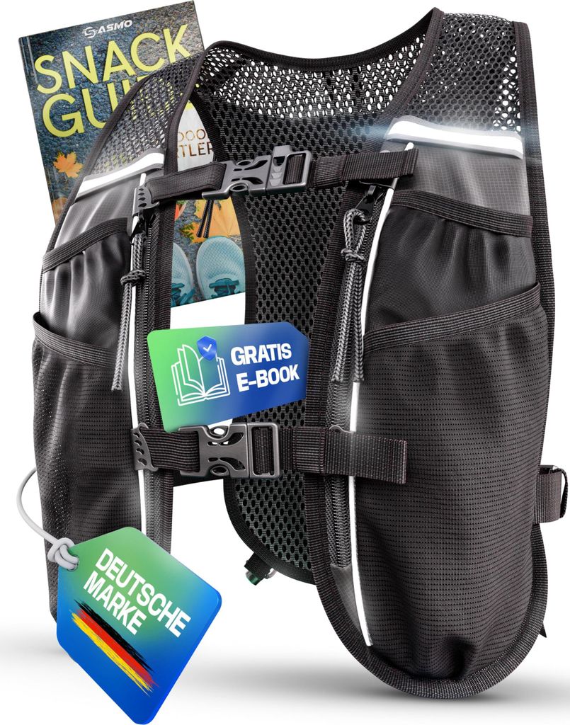 SASMO Laufweste 5L für Damen & Herren – ultraleichter Laufrucksack, atmungsaktiv, 8 Taschen, Reflektoren, Unisex