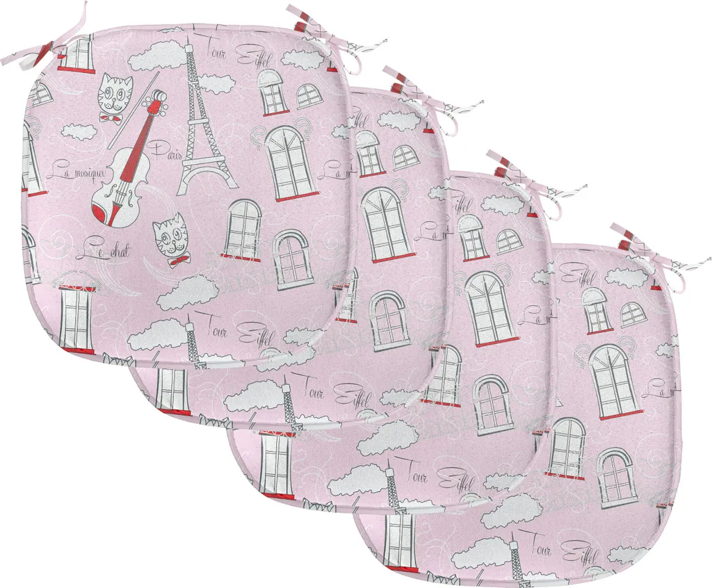 ABAKUHAUS Paris Imbottitura per sedie da sala da pranzo, Violin Eiffel Cat Fly, Cuscino decorativo impermeabile con cinturini per sedie da cucina, 40 cm x 40 cm - Confezione da 4, Rosa pallido Scarlatto Bianco