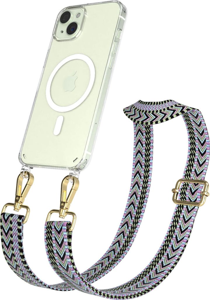 EAZY CASE - Handykette mit MagSafe Hülle für Apple iPhone 15 Plus, Handyband ZigZag Style,Karabiner Gold, Umhängeband in Lila