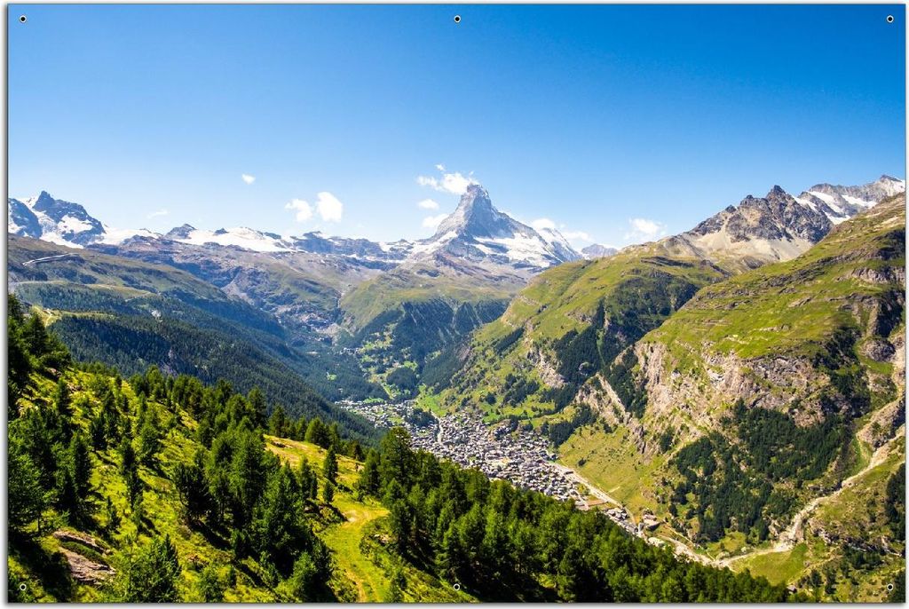 Wallario Outdoor-Poster für Garten oder Balkon, Motiv Sommerliches Alpenpanorama, in ca. 61 x 91,50 cm