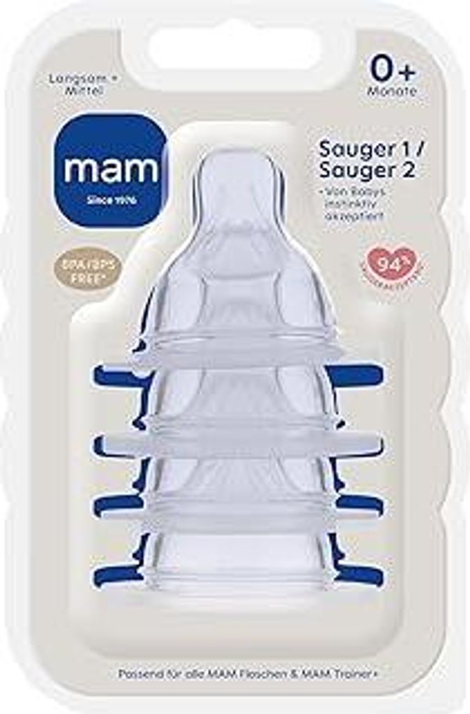 MAM Sauger Größe 1 + 2 im 4er Set, Flaschensauger (Durchflussrate langsam + mittel), weicher Trinksauger passend für alle MAM Flaschen & Trainer...