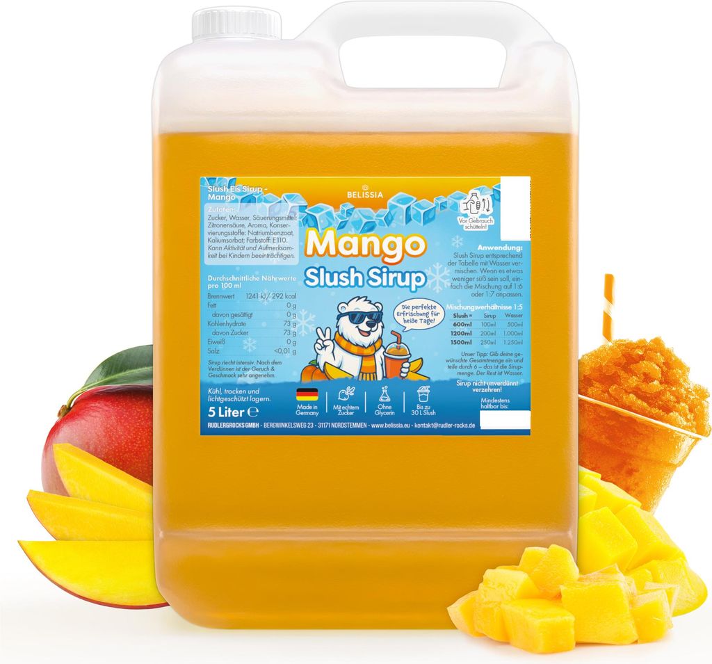 Belissia Slush Eis Sirup 5L Konzentrat | Mango Geschmack | sehr ergiebig in knalligen Farben (1:5) | Glycerin frei