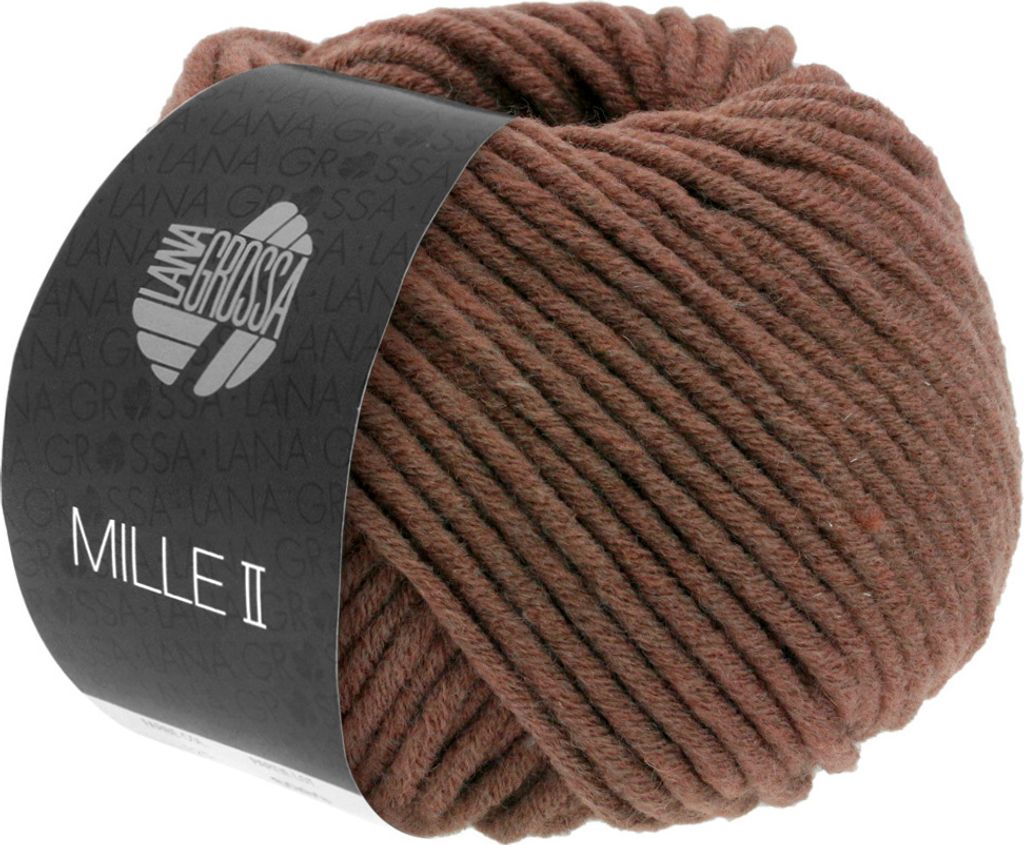 A ball of brown yarn with a black label.