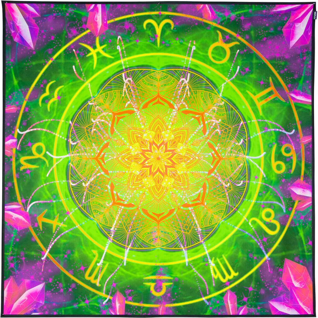 PSYWORK Schwarzlicht Stoffposter Neon "Zodiac Signs Green", 1,5x1,5m