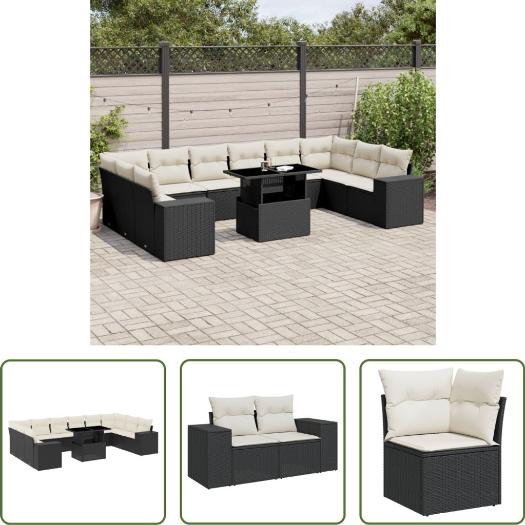 The Living Store 11-tlg. Garten-Sofagarnitur mit Kissen Schwarz Poly Rattan