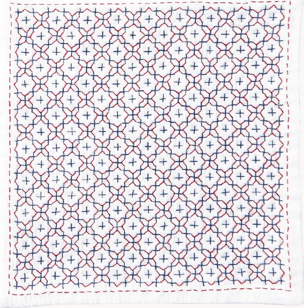 Set de broderie Sashiko Hitomezashi mouchoir Jyuji-hanazashi 20x20 cm