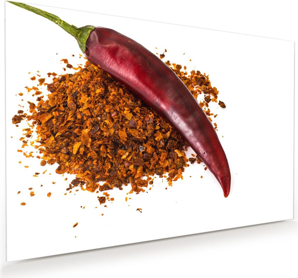 Glasbild Wandbild Chilischote auf Pulver 60x40cm in XXL für Wohnzimmer, Schlafzimmer, Badezimmer, Flur